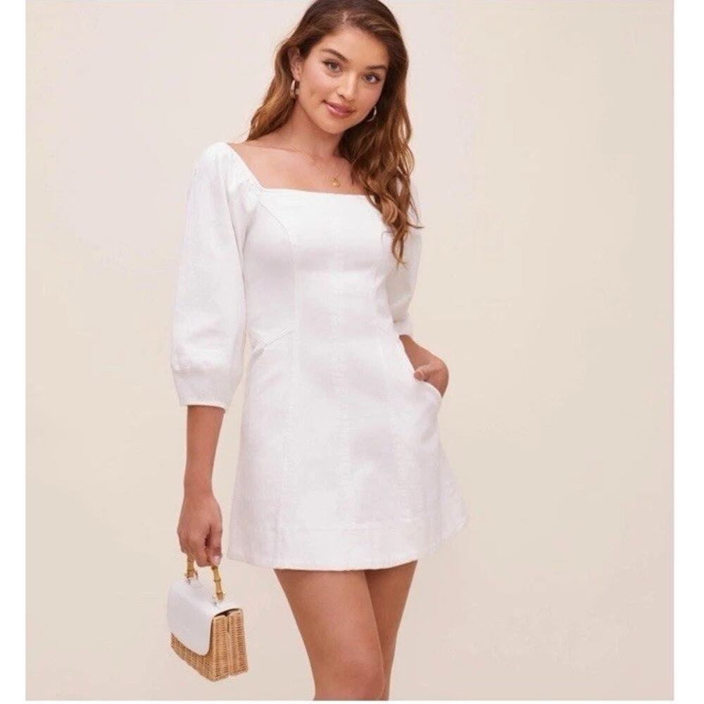 ASTR The Label Rabia Dress Sz S White Denim Puff Sleeve Mini Square Neck Pockets